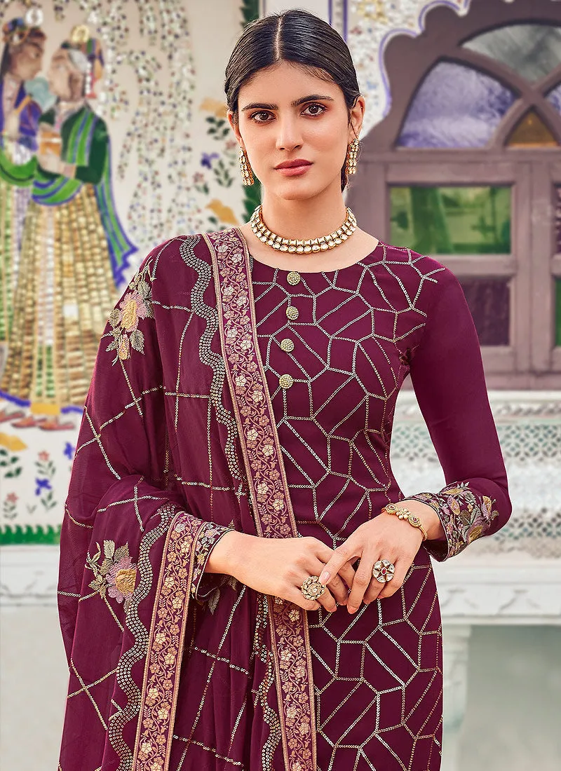 Deep Wine Multi Embroidered Indian Gharara Suit