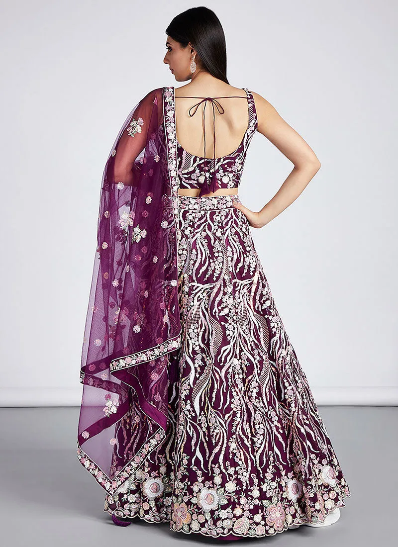 Deep Wine Multi Embroidery Lehenga Choli And Dupatta