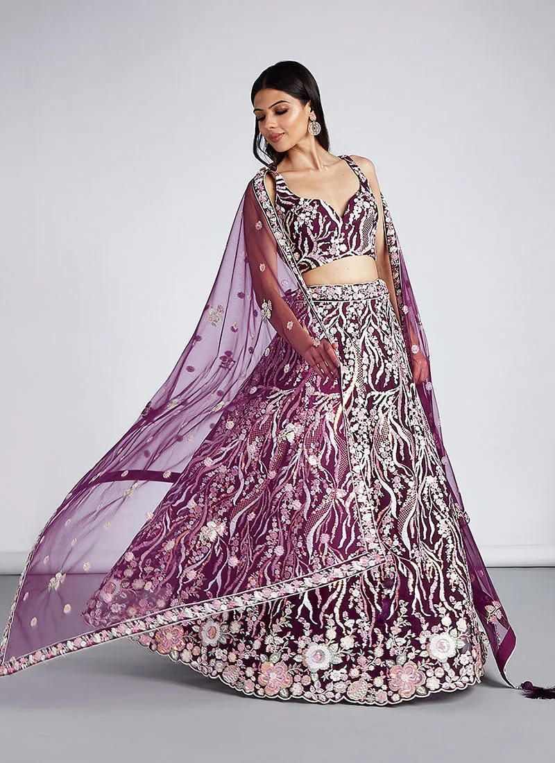 Deep Wine Multi Embroidery Lehenga Choli And Dupatta