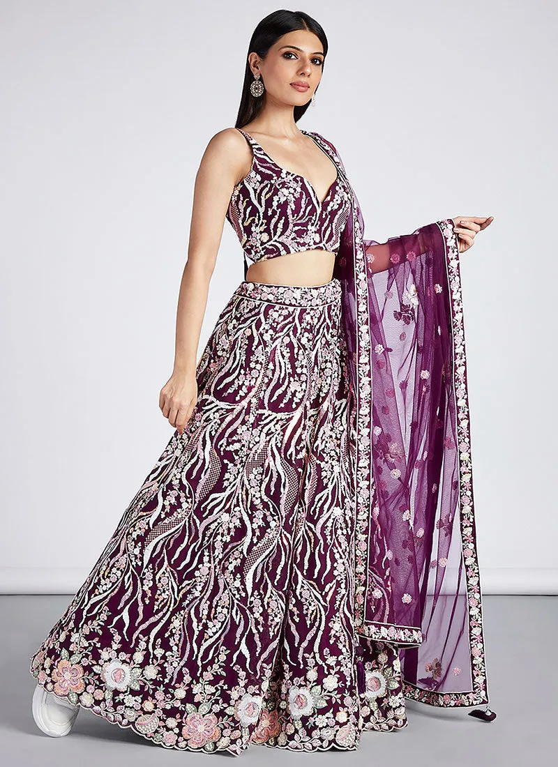 Deep Wine Multi Embroidery Lehenga Choli And Dupatta