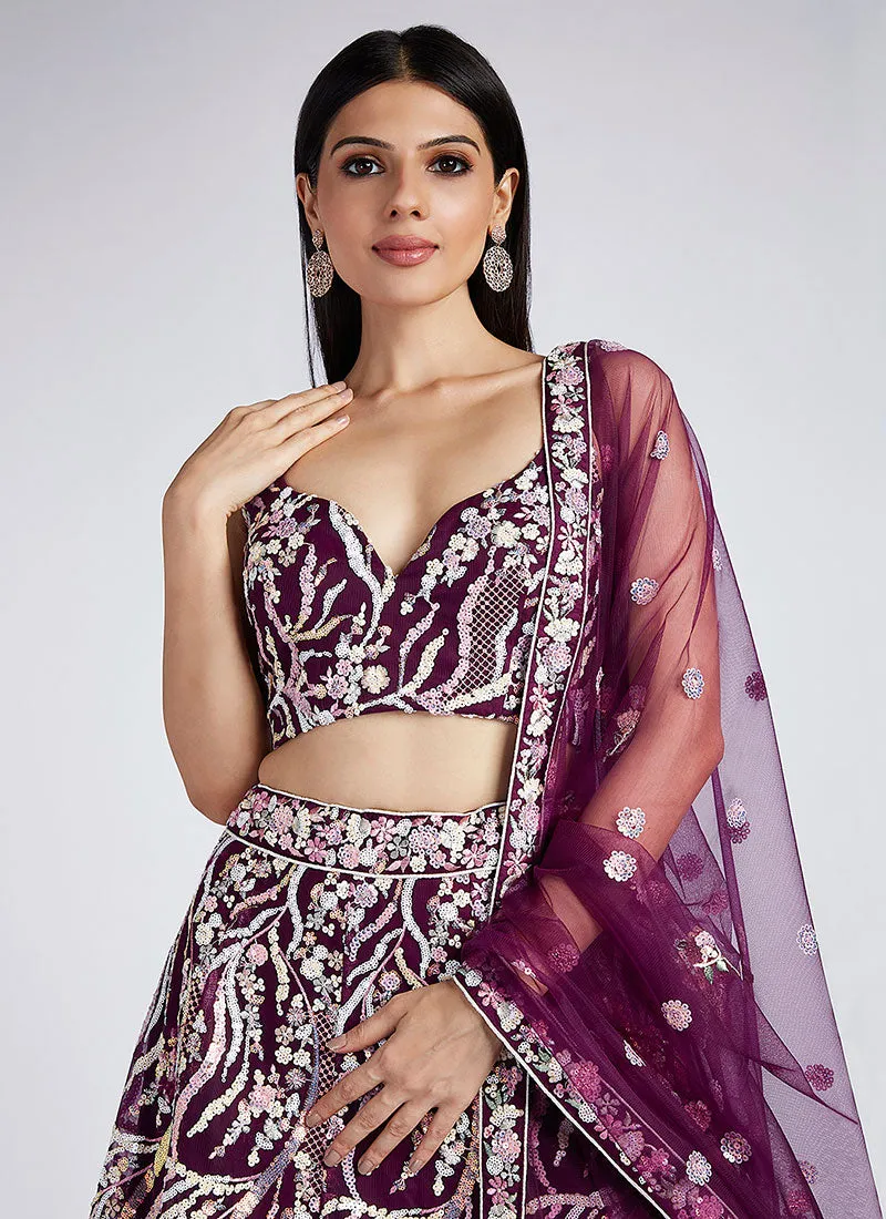 Deep Wine Multi Embroidery Lehenga Choli And Dupatta
