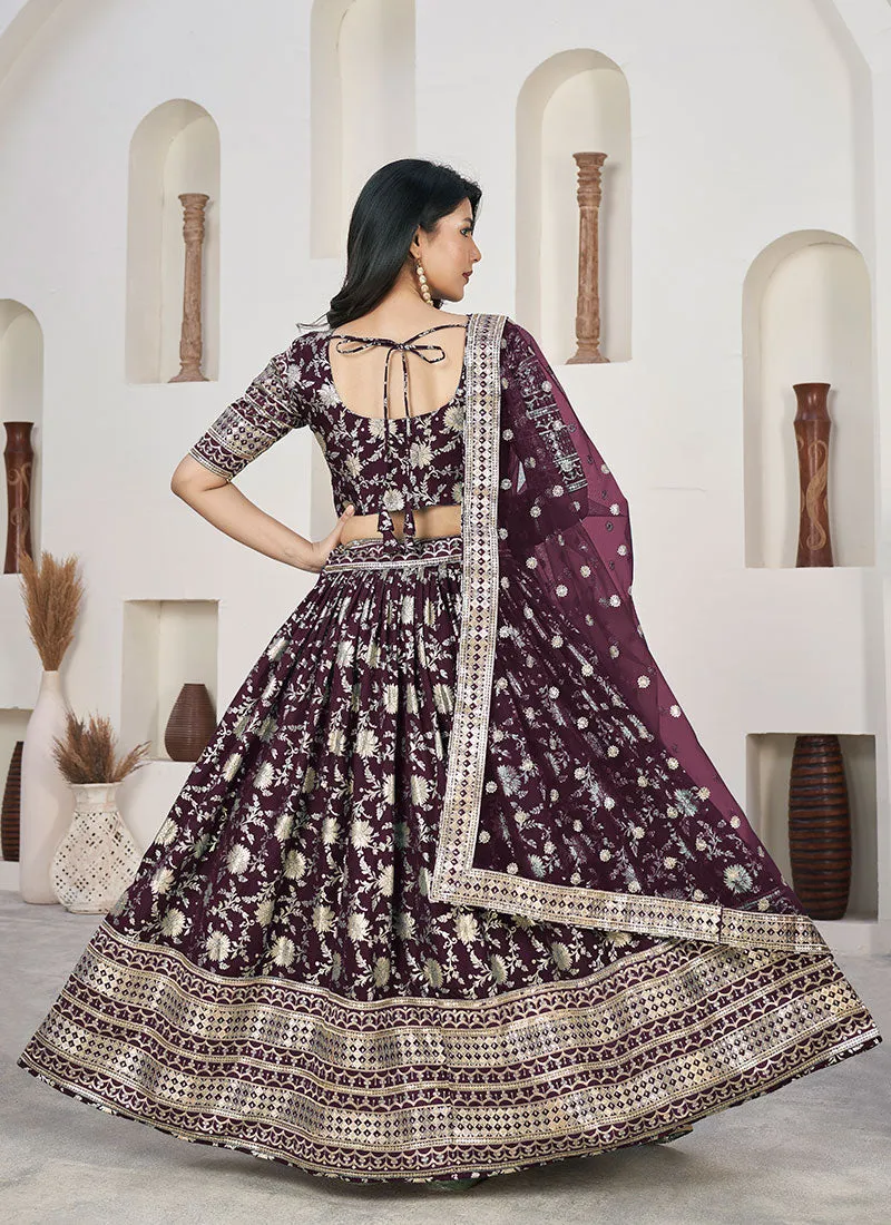 Deep Wine Sequence Embroidery Jacquard Lehenga Choli