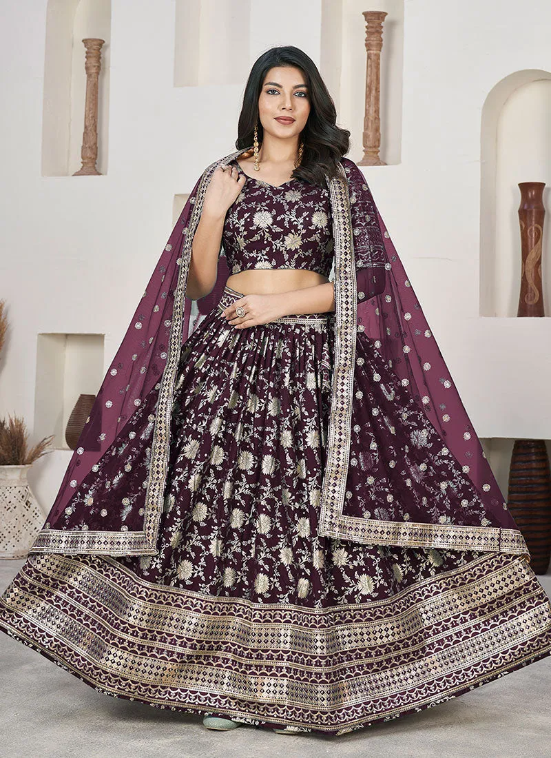 Deep Wine Sequence Embroidery Jacquard Lehenga Choli