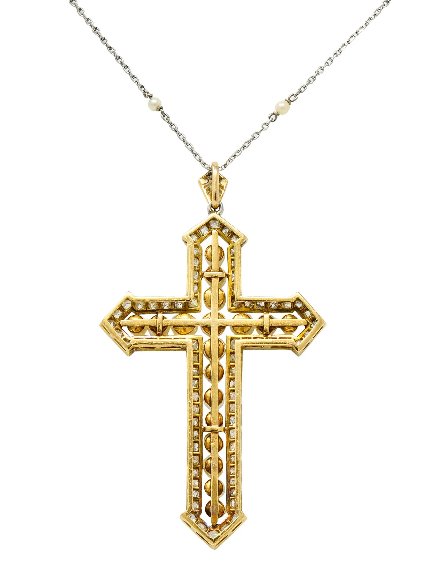 Edwardian 3.00 CTW Diamond Pearl Platinum-Topped 18 Karat Gold Cross Pendant Necklace
