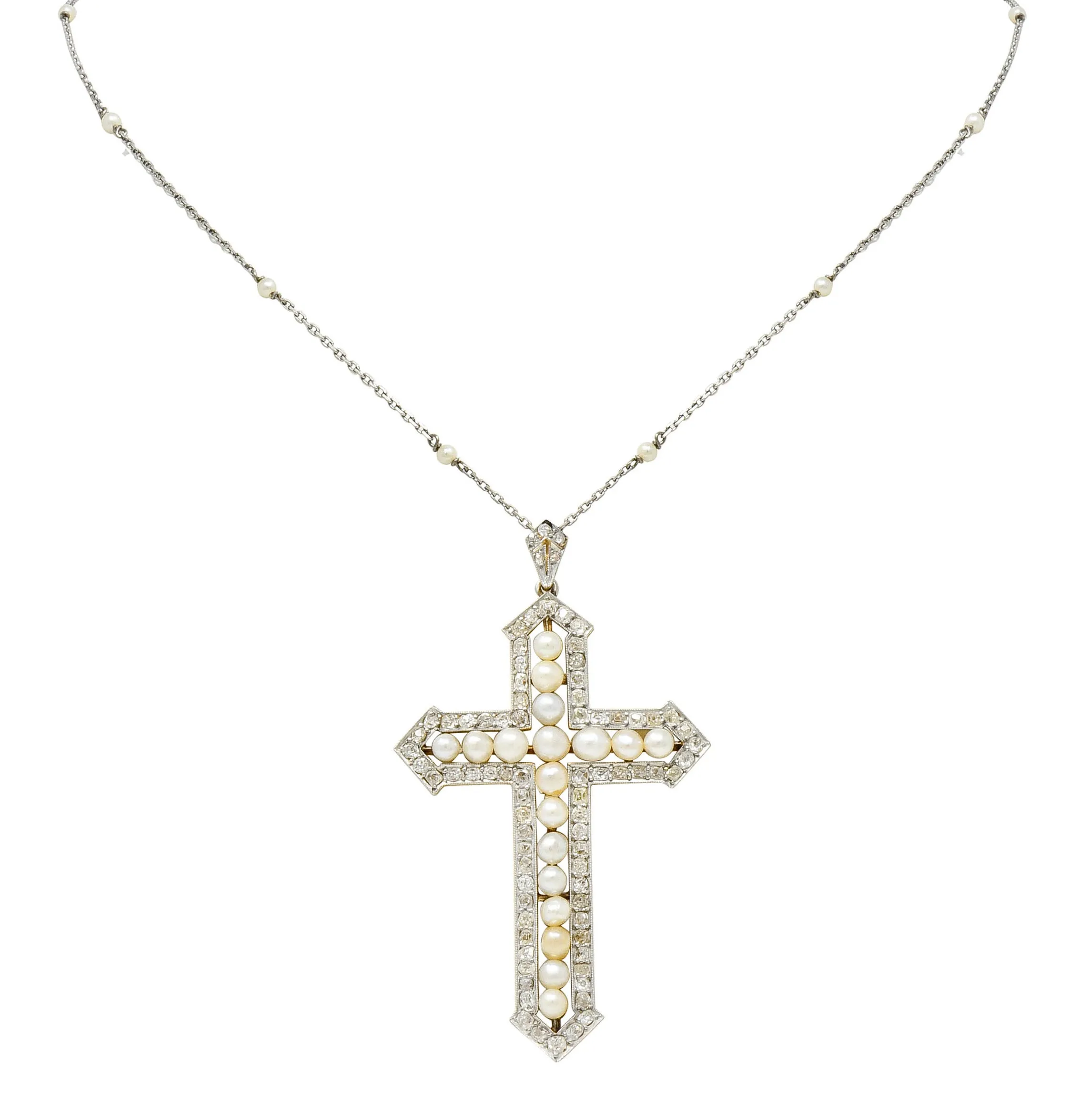 Edwardian 3.00 CTW Diamond Pearl Platinum-Topped 18 Karat Gold Cross Pendant Necklace
