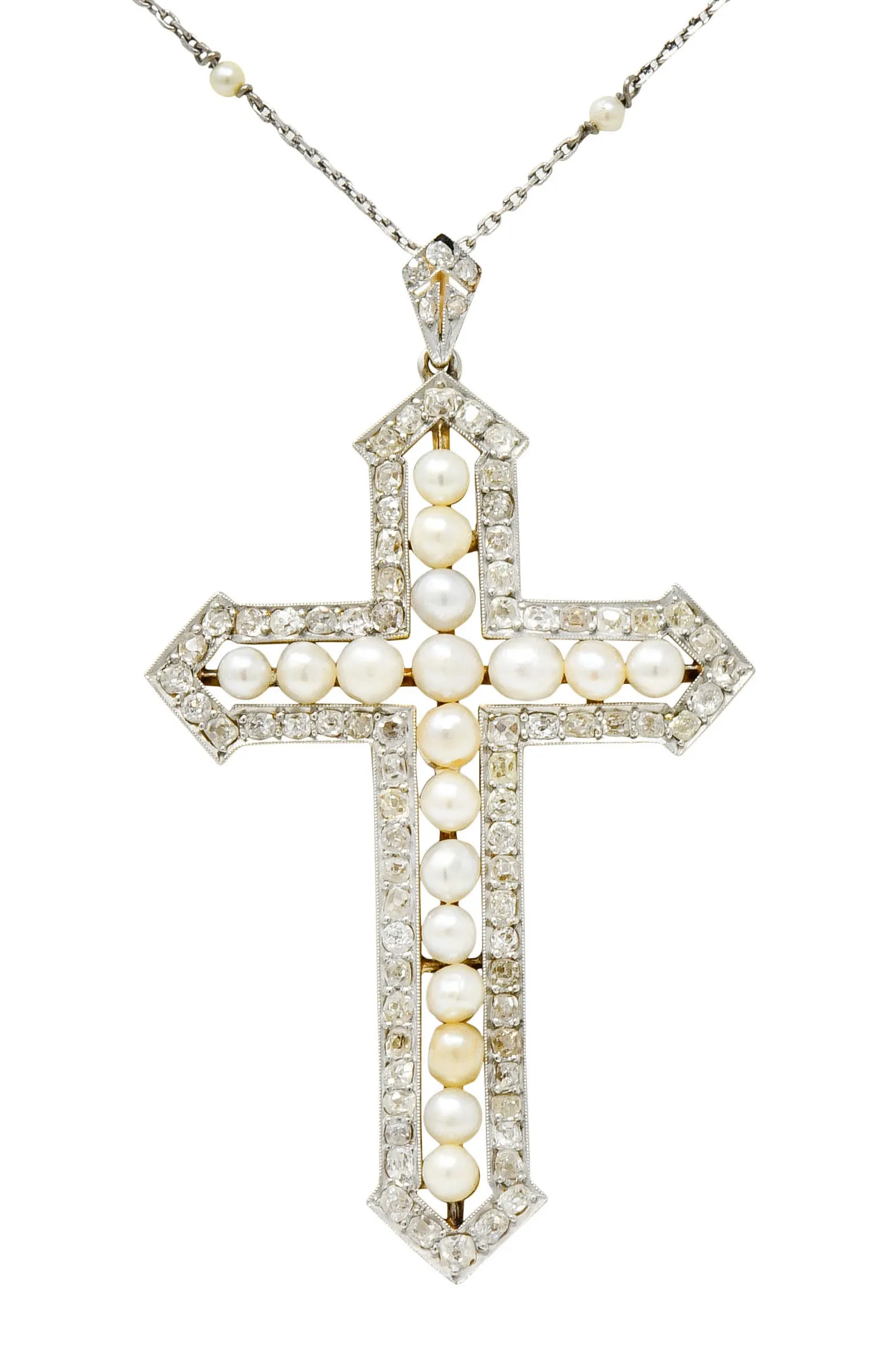 Edwardian 3.00 CTW Diamond Pearl Platinum-Topped 18 Karat Gold Cross Pendant Necklace