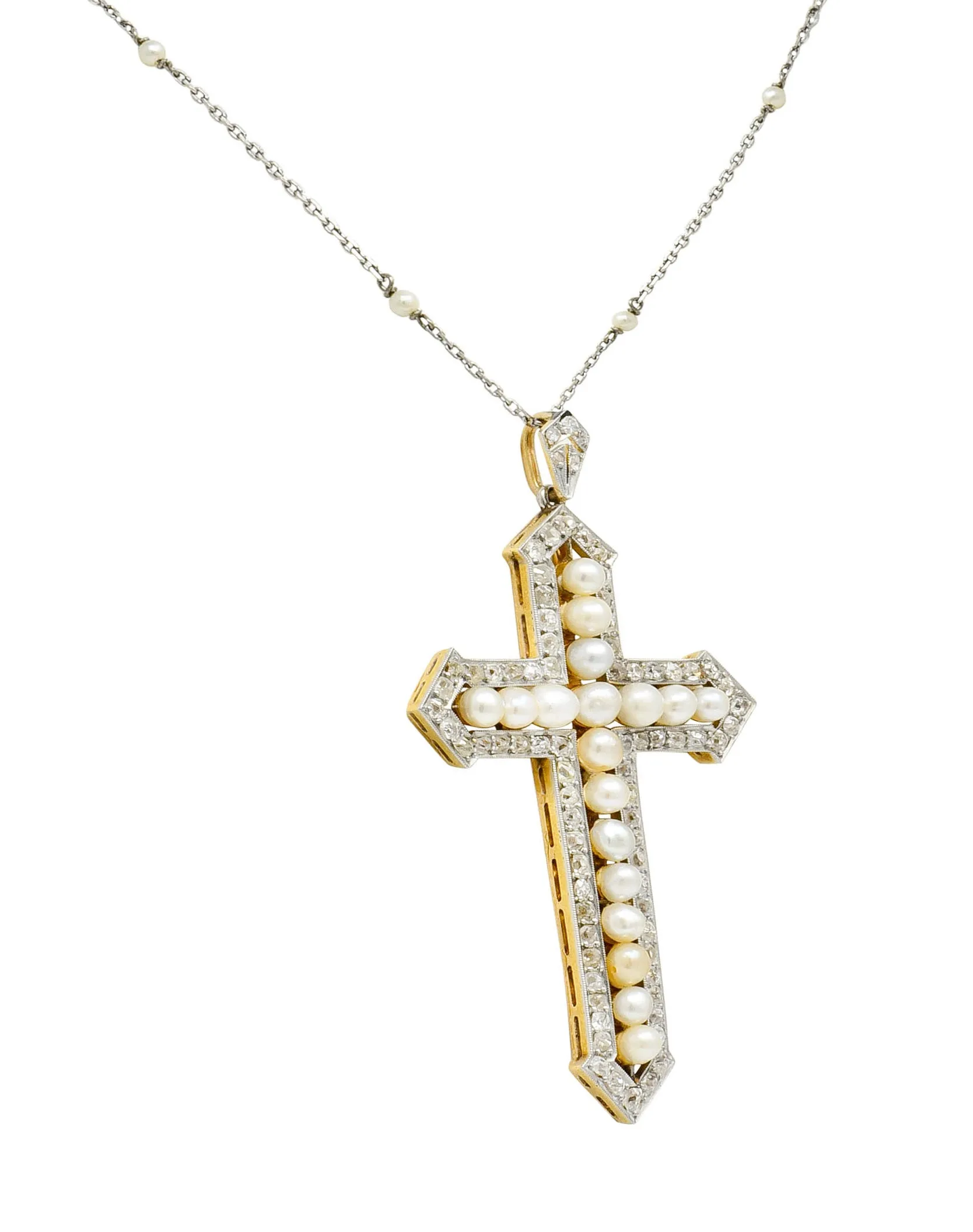 Edwardian 3.00 CTW Diamond Pearl Platinum-Topped 18 Karat Gold Cross Pendant Necklace