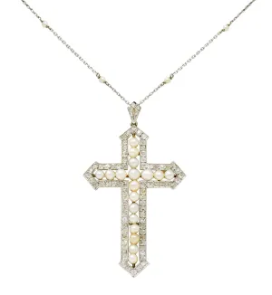Edwardian 3.00 CTW Diamond Pearl Platinum-Topped 18 Karat Gold Cross Pendant Necklace