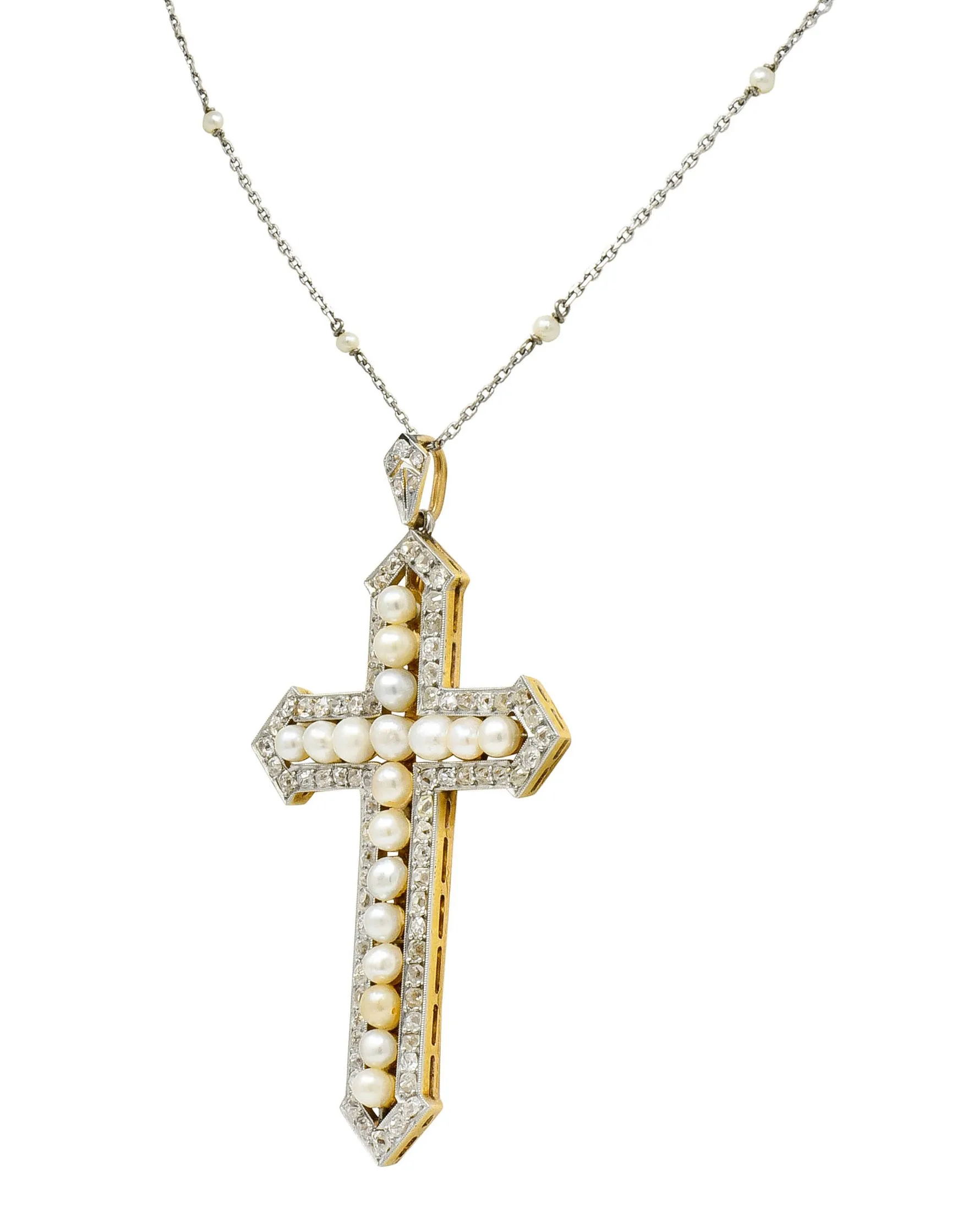 Edwardian 3.00 CTW Diamond Pearl Platinum-Topped 18 Karat Gold Cross Pendant Necklace