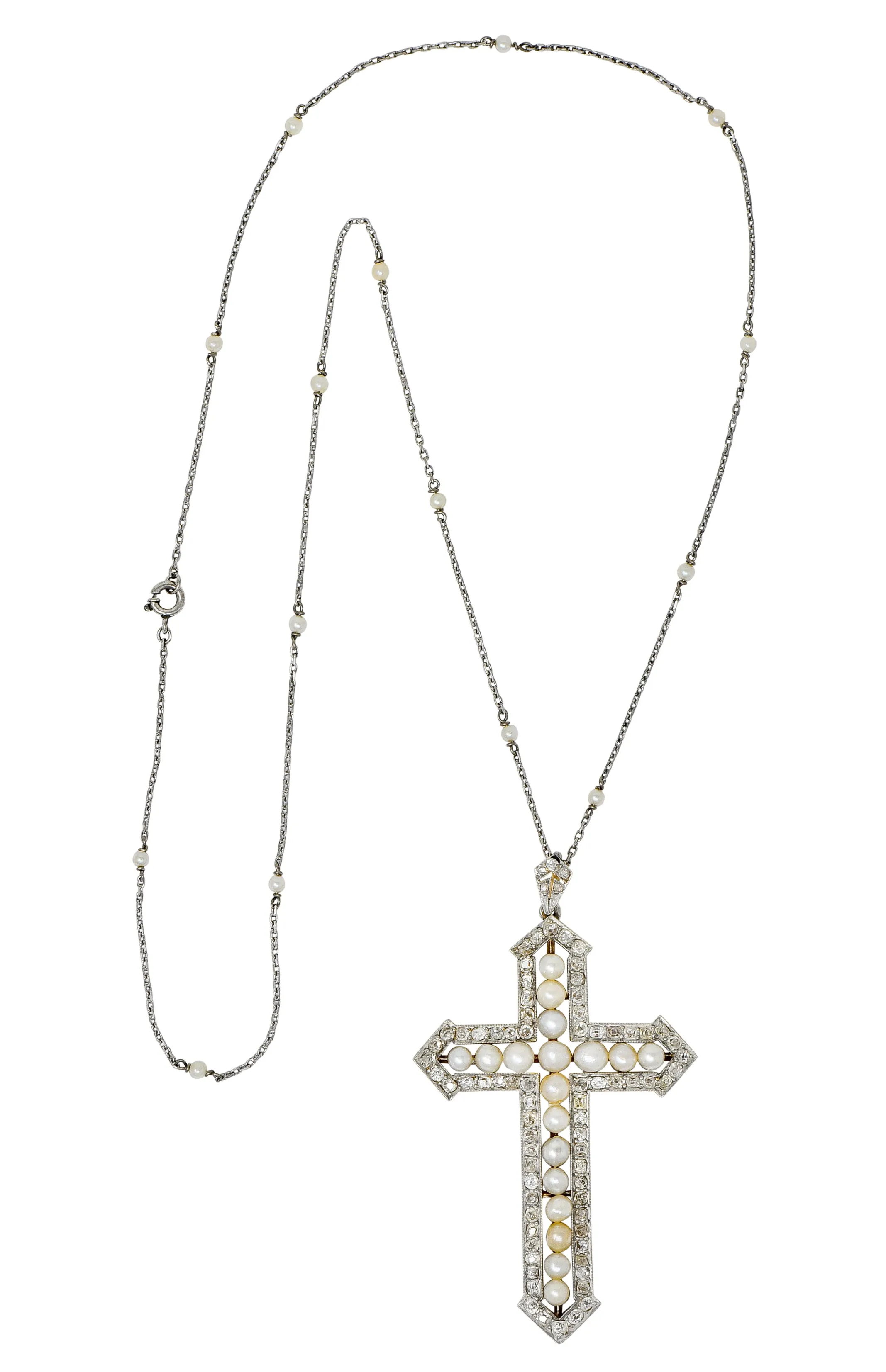 Edwardian 3.00 CTW Diamond Pearl Platinum-Topped 18 Karat Gold Cross Pendant Necklace