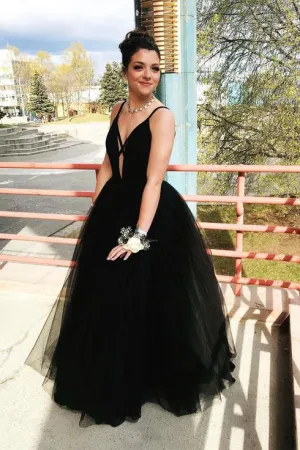 Elegant Black Tulle V neck Spaghetti Straps Long Senior Prom Dress Evening Dress OHC403