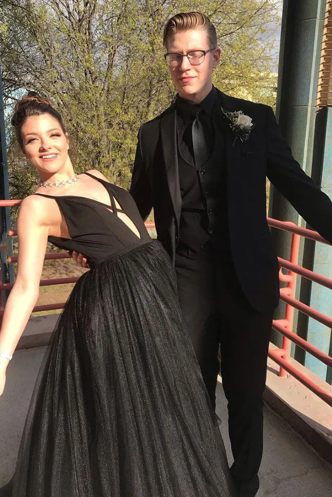 Elegant Black Tulle V neck Spaghetti Straps Long Senior Prom Dress Evening Dress OHC403