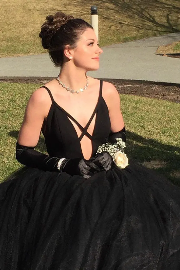 Elegant Black Tulle V neck Spaghetti Straps Long Senior Prom Dress Evening Dress OHC403