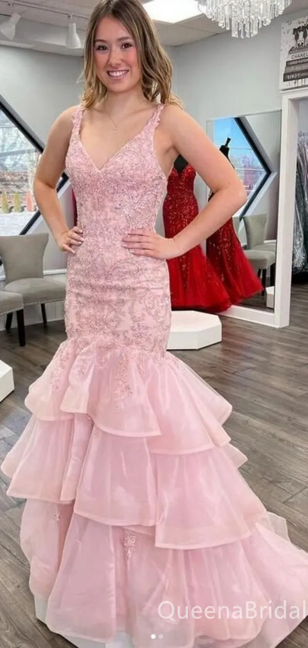 Elegant Light Pink Lace Appliques Layer V-neck Mermaid Evening Gown Maxi Long Formal Dresses Prom Dresses with Ruffles,WGP817