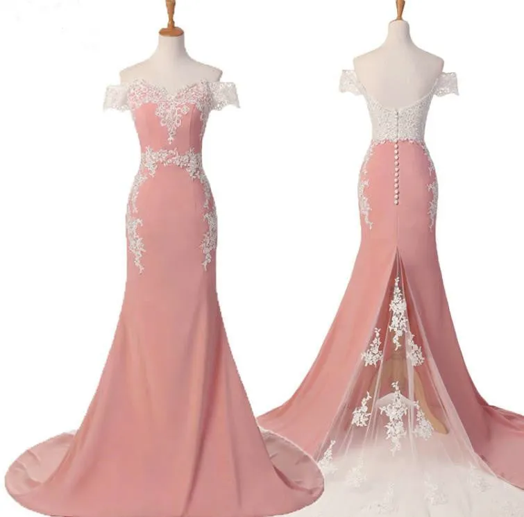 Elegant Mermaid Long Prom Dresses Pink Lace Appliques Off the Shoulder Evening Dresses