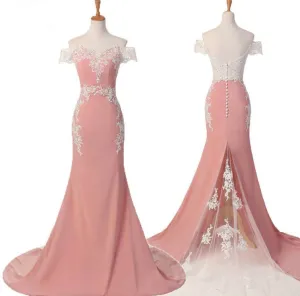 Elegant Mermaid Long Prom Dresses Pink Lace Appliques Off the Shoulder Evening Dresses
