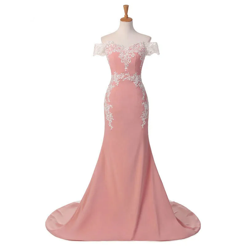 Elegant Mermaid Long Prom Dresses Pink Lace Appliques Off the Shoulder Evening Dresses