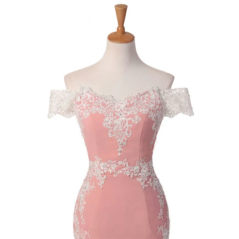 Elegant Mermaid Long Prom Dresses Pink Lace Appliques Off the Shoulder Evening Dresses