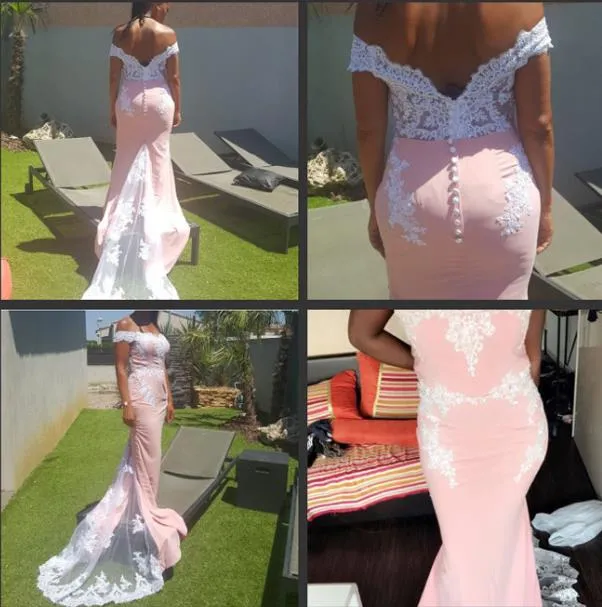 Elegant Mermaid Long Prom Dresses Pink Lace Appliques Off the Shoulder Evening Dresses