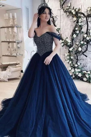 Elegant Navy Blue Tulle Off Shoulder Long Princess Formal Prom Dress Evening Gown OHC372