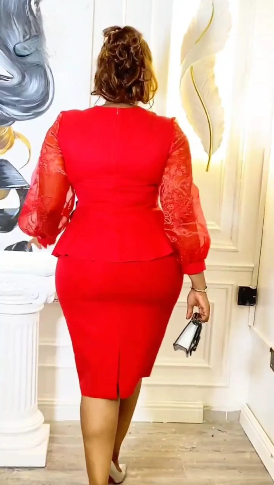Elegant Red 2 Pc. V-Neck Stoned Skirt Set