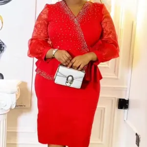 Elegant Red 2 Pc. V-Neck Stoned Skirt Set