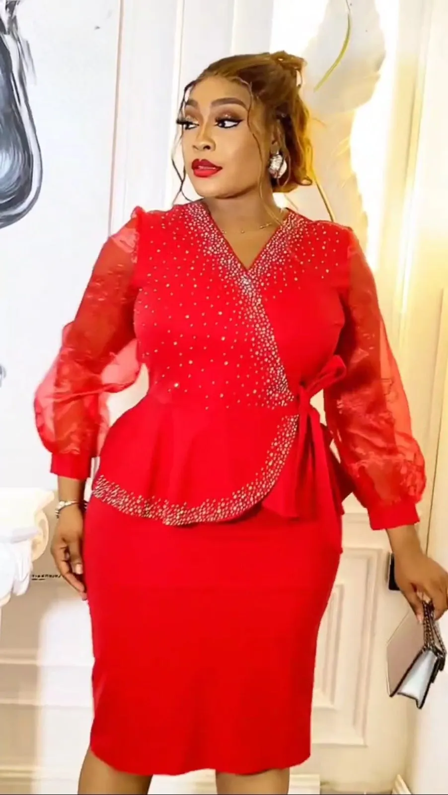 Elegant Red 2 Pc. V-Neck Stoned Skirt Set