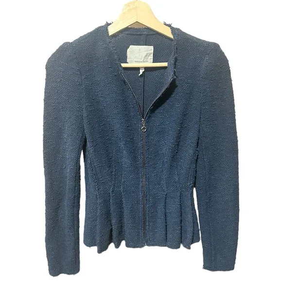EUC - Rebecca Taylor 6 Zip Front Boucle Tweed Puff Sleeve Jacket - Navy - size 2