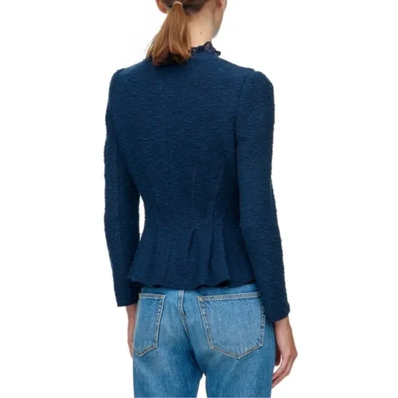 EUC - Rebecca Taylor 6 Zip Front Boucle Tweed Puff Sleeve Jacket - Navy - size 2