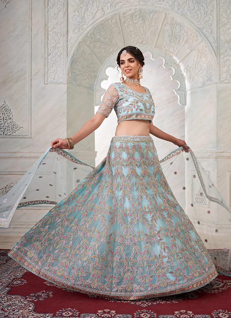 Firozi Blue Multi Embroidery Wedding Lehenga Choli