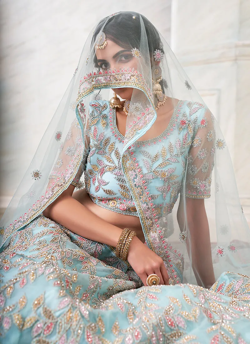 Firozi Blue Multi Embroidery Wedding Lehenga Choli