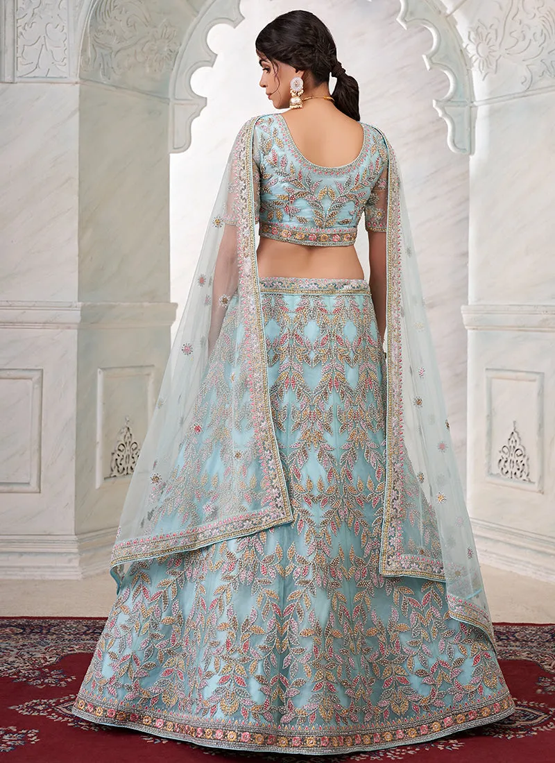 Firozi Blue Multi Embroidery Wedding Lehenga Choli