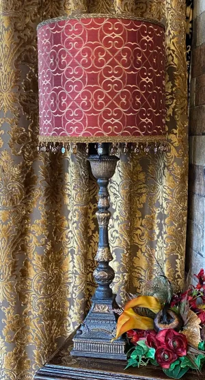 Gallery Designs Old World Lamp Red and Gold Print and Crystals