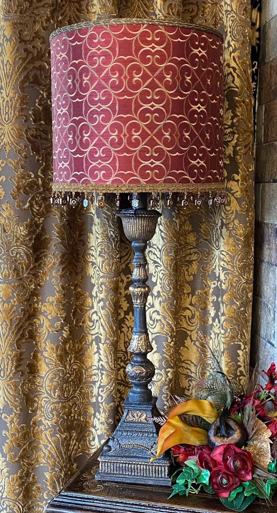 Gallery Designs Old World Lamp Red and Gold Print and Crystals