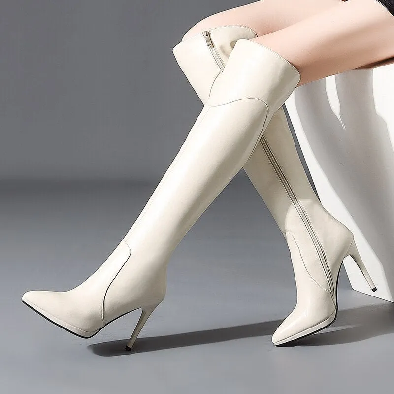 Genuine leather over the knee boots high heel 10cm short plush winter fashion simple zipper pointed toe women's shoes new