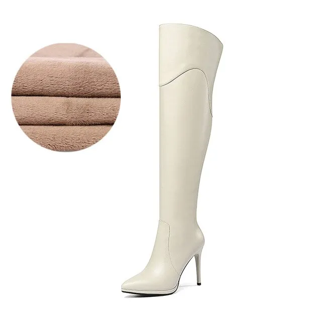 Genuine leather over the knee boots high heel 10cm short plush winter fashion simple zipper pointed toe women's shoes new