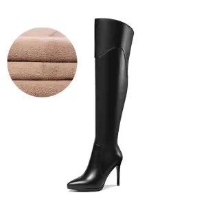 Genuine leather over the knee boots high heel 10cm short plush winter fashion simple zipper pointed toe women's shoes new