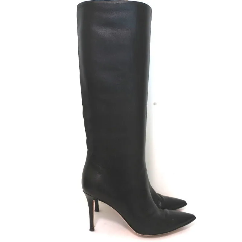 Gianvito Rossi Knee High Boots Suzan Black Leather Size 36 Pointed Toe High Heel