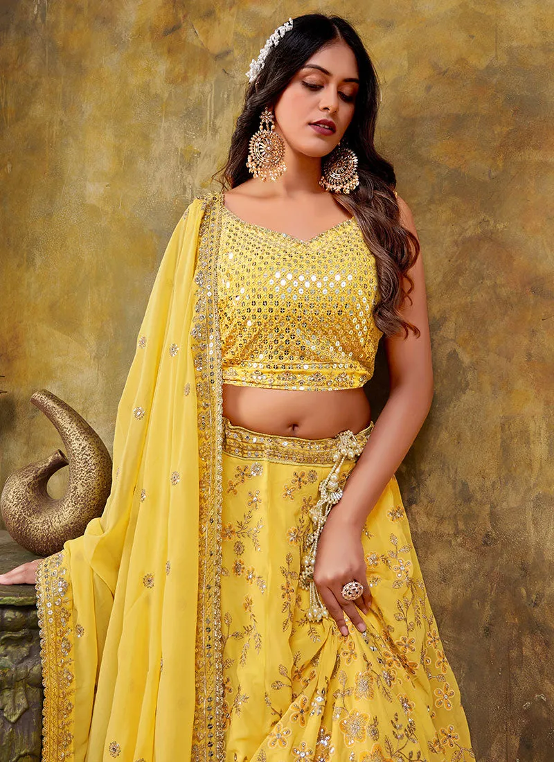 Golden Yellow Sequence Embroidery Lehenga Choli For Wedding