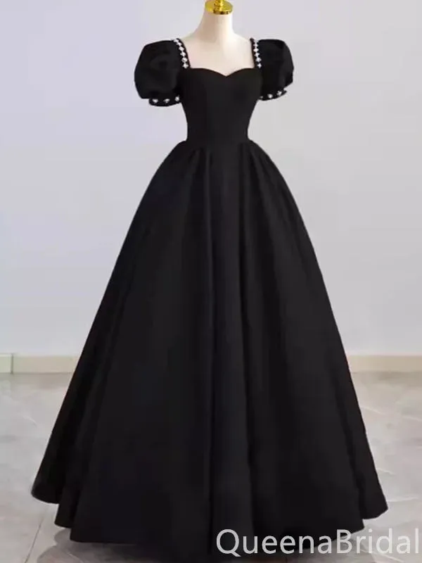 Gorgeous Black Sweetheart Bubble Sleeves A-line Beaded Long Party Dress Prom Dresses ,WGP1777