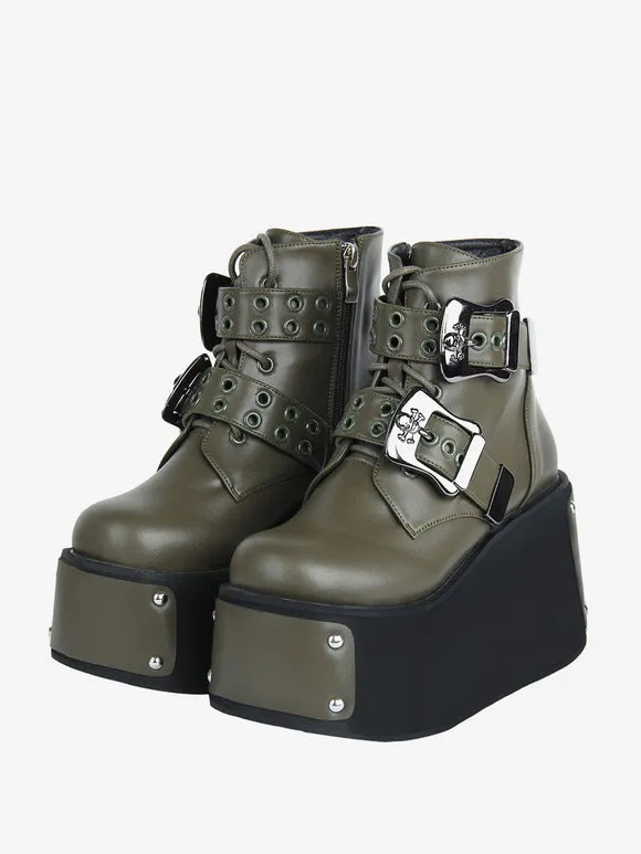 Gothic Lolita Boots Black Grommets Round Toe PU Leather Lolita Footwear