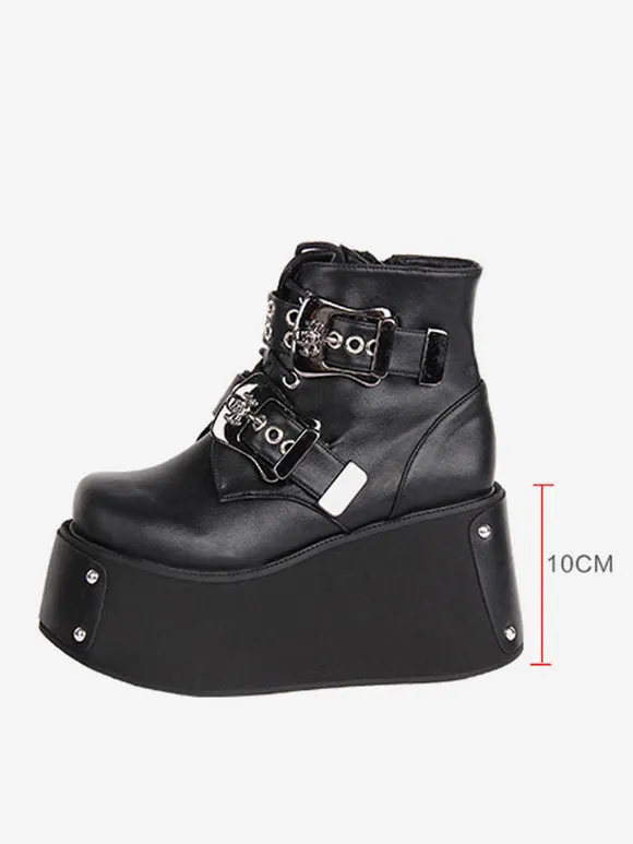 Gothic Lolita Boots Black Grommets Round Toe PU Leather Lolita Footwear