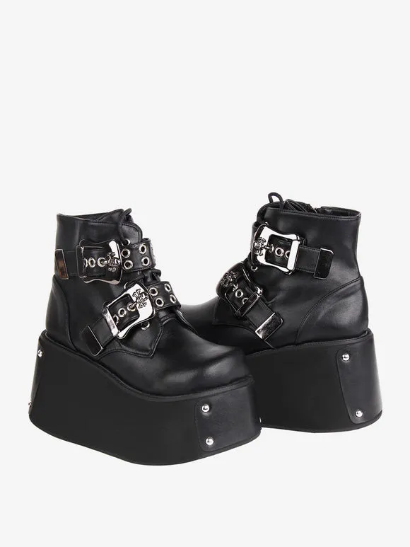 Gothic Lolita Boots Black Grommets Round Toe PU Leather Lolita Footwear