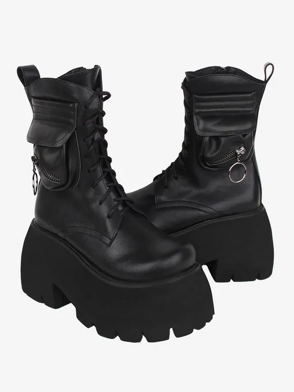 Gothic Lolita Boots Black PU Round Toe PU Leather Lolita Footwear