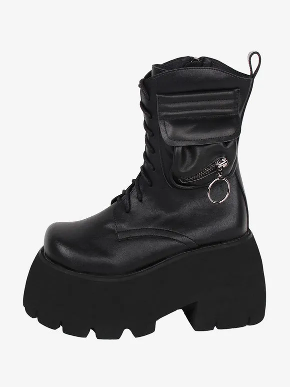 Gothic Lolita Boots Black PU Round Toe PU Leather Lolita Footwear