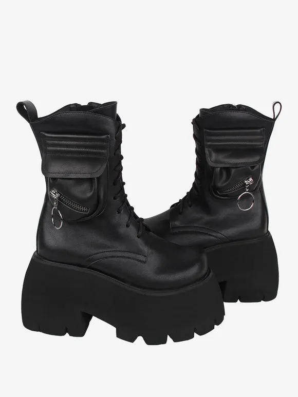 Gothic Lolita Boots Black PU Round Toe PU Leather Lolita Footwear