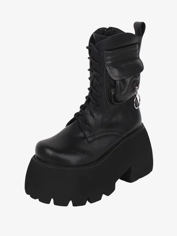 Gothic Lolita Boots Black PU Round Toe PU Leather Lolita Footwear