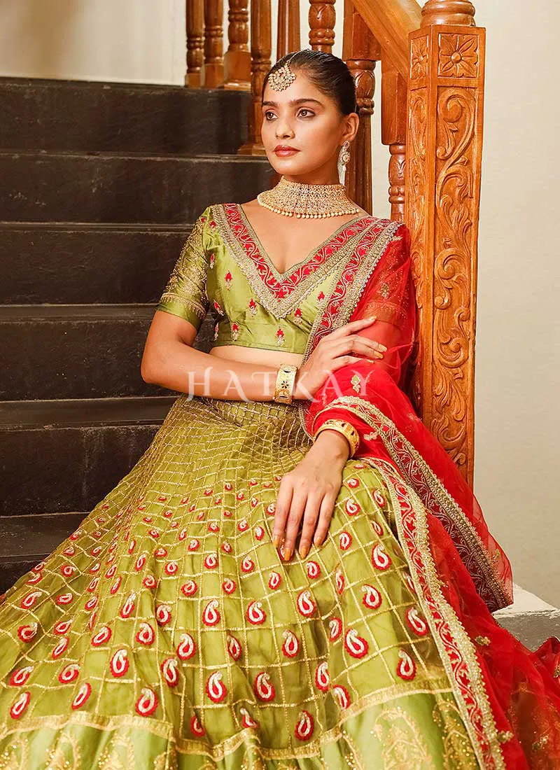 Green And Pink Multi Embroidery Wedding Lehenga Choli