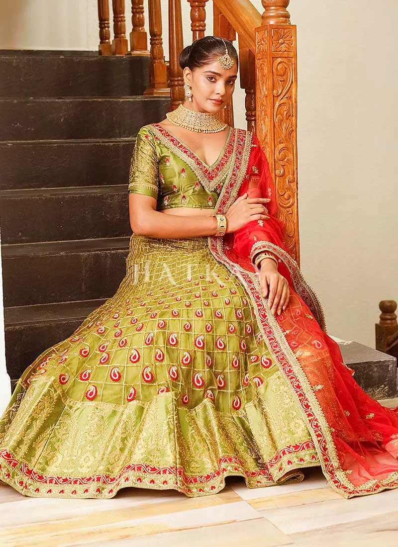 Green And Pink Multi Embroidery Wedding Lehenga Choli