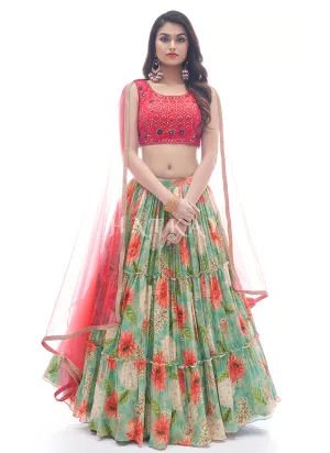 Green And Red Embroidered Festive Lehenga Choli